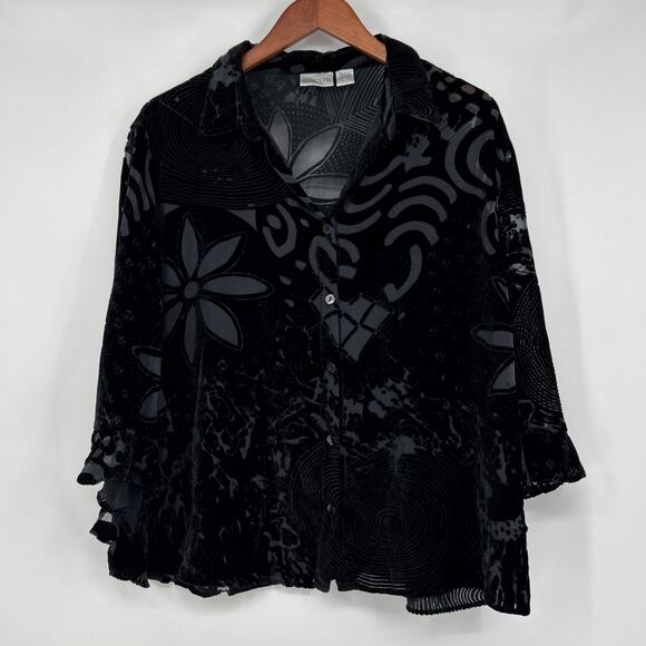 Chico’s Burnout Silk Velvet Blouse Womens 3 Black Fairy Grunge Whimsigoth Floral - Picture 2 of 10